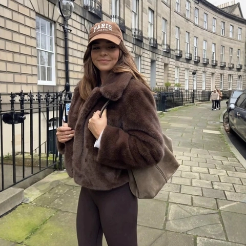 Women Winter Warm Faux Fur Short Jacket Elegant Lapel Long Sleeve Polyester Plush Outwear Thick Casual Coat