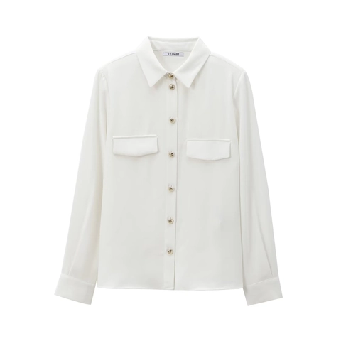 Elegante Witte Blouse Met Lange Mouwen Voor Dames Met Schoudervullingen En Gouden Knopen Effen Kleur Top