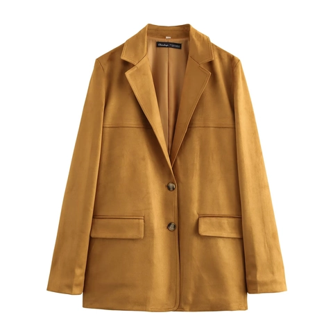 Chaqueta Blazer de Gamuza Sintética para Mujer Solapa de Muesca Elegante Abotonadura Sencilla Manga Larga Abrigo de Oficina Con Bolsillos de Solapa Top Vintage