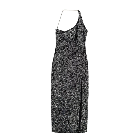 Vestido Midi Sexy de Lentejuelas a Un Hombro para Mujer Elegante Asimétrico con Abertura Vestido de Noche para Fiesta Negro