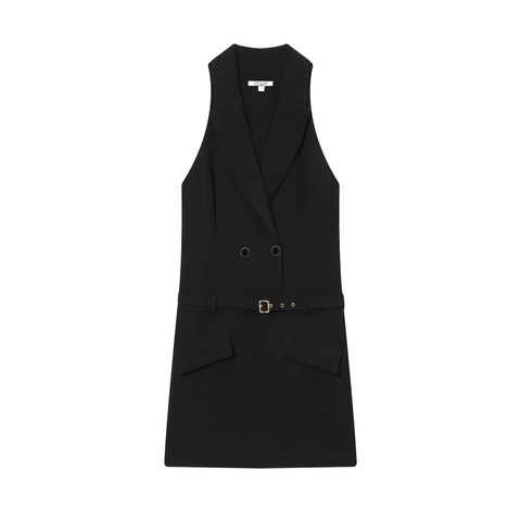 Dames Mouwloos Blazerjurk Double-breasted Revers Mini-jurk Met Riem Elegant Effen Kleur Kantoor Woon-werkverkeer Vest Jurk