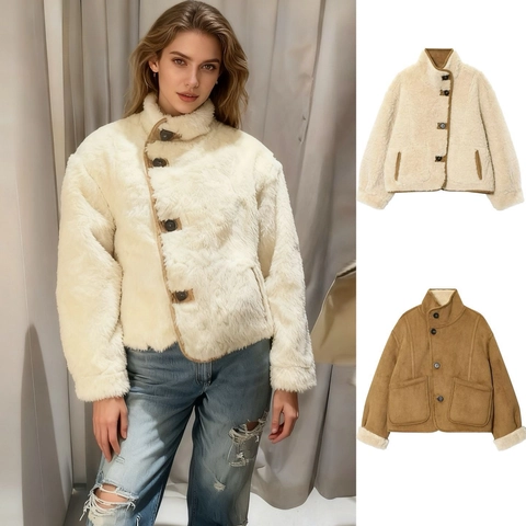 Dames Omkeerbare Lamswol Suede Jas Vintage Opstaande Kraag Kunstbont Dikke Warme Mantel Voor Herfst Winter