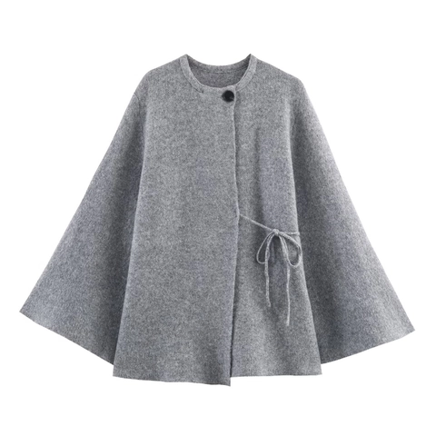 Damen Grau Strickschal Mantel Mit Einem Knopf Geschlitzte Ärmel Casual Lose Cape Outwear Streetwear Winter Warm Outerwear