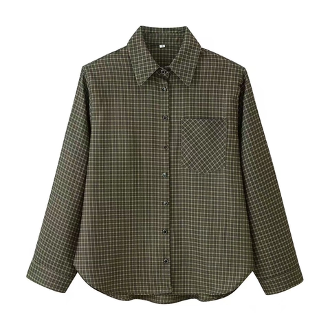 Camicia di Flanella a Quadri da Donna Manica Lunga Casual Blusa Abbottonata Con Tasca Spalline Colletto a Revers Top Autunnale