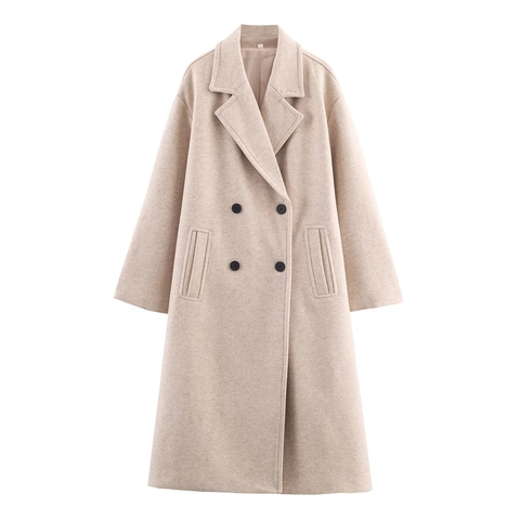 Dames Wollen Mix Jas Europese Stijl Losse Double Breasted Revers Lange Mouw Casual Warm Herfst Winter Trenchcoat