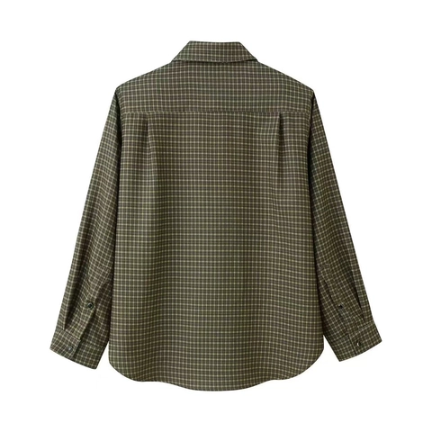 Camicia di Flanella a Quadri da Donna Manica Lunga Casual Blusa Abbottonata Con Tasca Spalline Colletto a Revers Top Autunnale