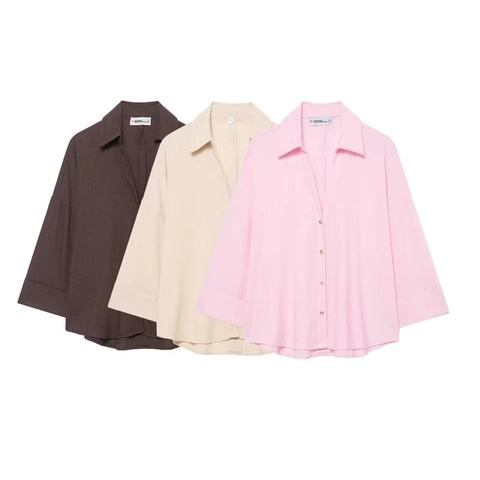 Women Casual Solid Color V Neck Lapel Shirt Loose Dropped Shoulder Button Down Blouse Long Sleeve Polyester Top