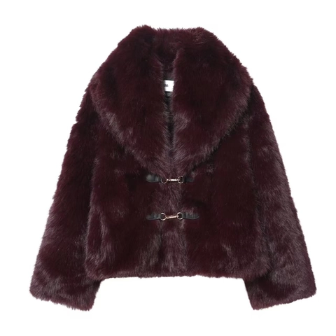 Veste Courte en Fausse Fourrure pour Femme Col à Revers Élégant Manteau Chaud Avec Boucles en Métal Automne Hiver Style de Luxe