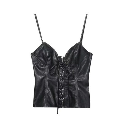 Camiseta de Tirantes de Cuero PU Sexy para Mujer con Cordones Espalda Descubierta Top Ajustado Cremallera de Metal Streetwear Clubwear Top de Fiesta