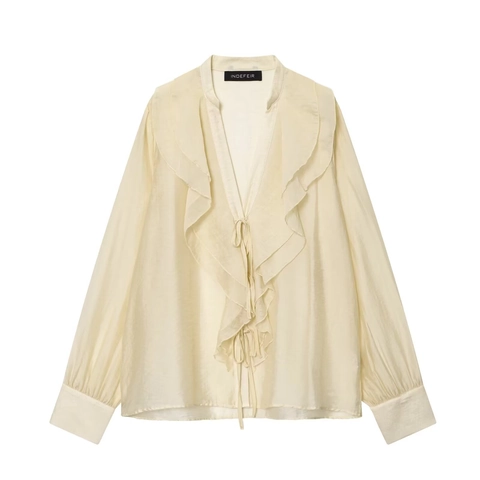 Elegant Ruffle V-Neck Satin Texture Blouse Long Sleeve Tie Front Solid Color Loose Fit Casual Commuter Tops For Women