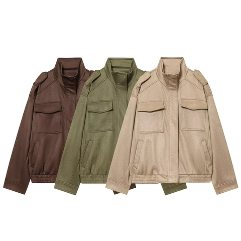 Women Faux Suede Utility Jacket Stand Collar Multi Pocket Epaulet Long Sleeve Casual Fashion Button Up Coat For Spring Fall