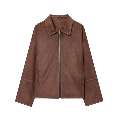 Dames Retro Imitatiesuède Jas Contraststiksel Revers Metalen Rits Casual Lange Mouw Bovenkleding Donkerbruin