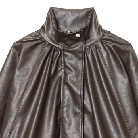 Women's Oversized Faux Leather Jacket Pleated Lantern Sleeve Stand Collar Brown PU Casual Outerwear Streetwear Coat
