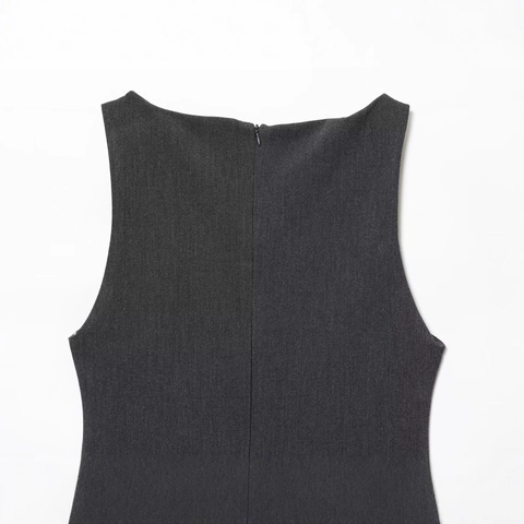 Women Elegant Sleeveless A-Line Mini Dress With Patchwork Ruffle Hem Back Zipper Round Neck Grey Fashion Dress For Office