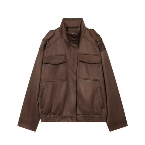 Women Faux Suede Utility Jacket Stand Collar Multi Pocket Epaulet Long Sleeve Casual Fashion Button Up Coat For Spring Fall