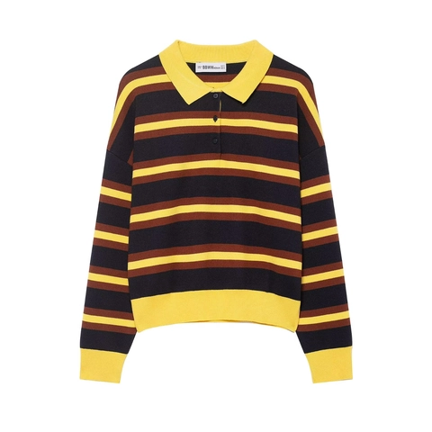 Dames Retro Gestreepte Gebreide Polo Trui Lange Mouw Kleurblok Drie Knopen Casual Pullover Voor Herfst Winter