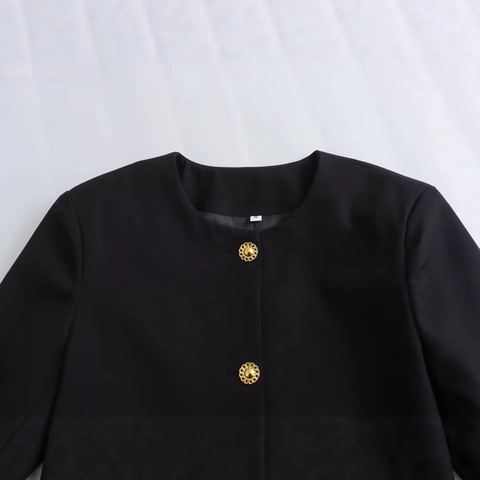 Damen Elegant Rundhals Kurze Jacke Mit Goldenen Knöpfen Schwarz Büro Pendeln Einfarbig Langarm Herbst Winter Oberbekleidung