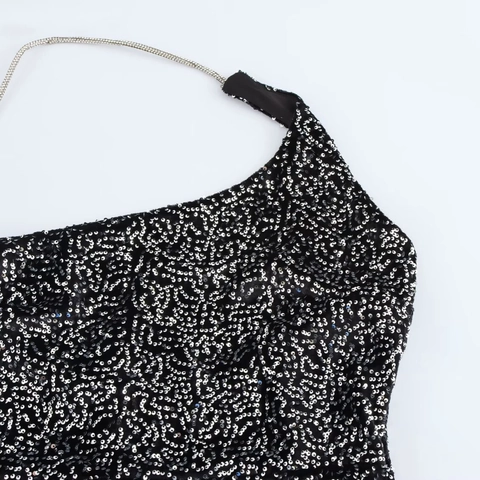 Vestido Midi Sexy de Lentejuelas a Un Hombro para Mujer Elegante Asimétrico con Abertura Vestido de Noche para Fiesta Negro