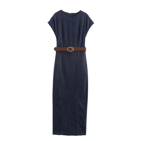 Women Elegant Denim Maxi Dress Sleeveless Round Neck Slim Fit A-Line Long Dress With Belt Vintage Dark Blue Summer Dress