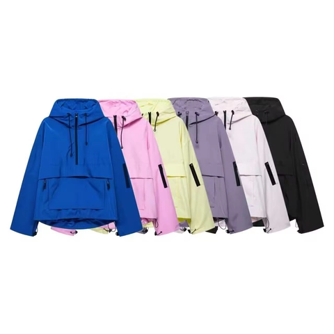 Women Hooded Anorak Jacket Casual Half Zipper Windbreaker Outdoor Loose Fit Polyester Sportswear Solid Color Outerwear Top