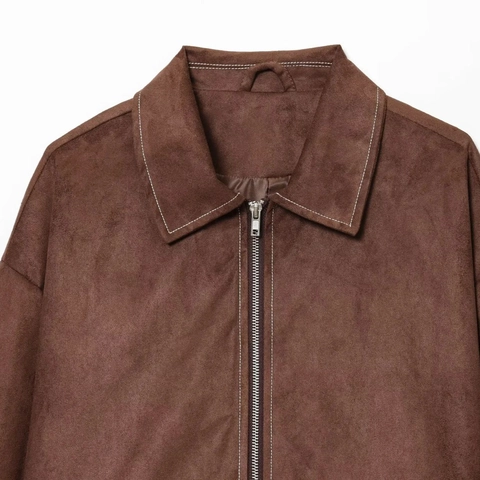 Dames Retro Imitatiesuède Jas Contraststiksel Revers Metalen Rits Casual Lange Mouw Bovenkleding Donkerbruin