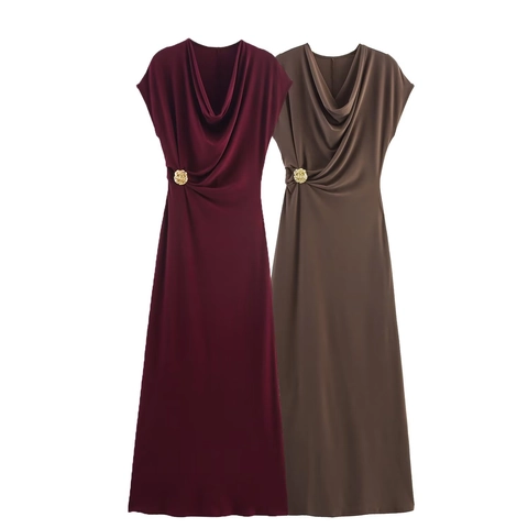 Women's Elegant Sleeveless Maxi Dress Cowl Neck High Waist Pleated Party Dress With Golden Flower Buckle Solid Color Dress