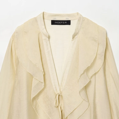 Elegant Ruffle V-Neck Satin Texture Blouse Long Sleeve Tie Front Solid Color Loose Fit Casual Commuter Tops For Women