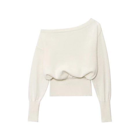Women Elegant Off-Shoulder Knit Sweater Long Sleeve Lantern Sleeve Ribbed Hem Solid Color Slim Fit Beige Pullover Knitwear Top