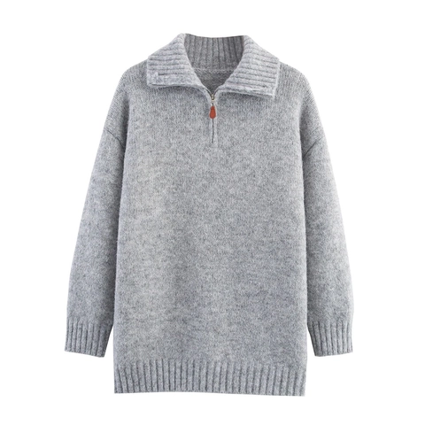 Jersey de Punto con Media Cremallera para Mujer Ajuste Holgado Solapa Manga Larga de Canalé Mezcla Pullover Cálido Casual Moda Otoño Invierno