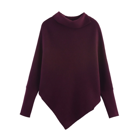 Suéter de Punto Asimétrico Holgado para Mujer Cuello Alto Manga de Murciélago Hilo de Núcleo Color Sólido Pullover Poncho