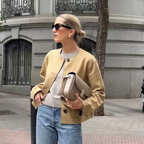 Chaqueta Casual de Gamuza Sintética para Mujer Cuello Redondo Abotonadura Sencilla Color Sólido Caqui Ropa de Abrigo Abrigo de Botones Manga Larga Chaqueta Corta