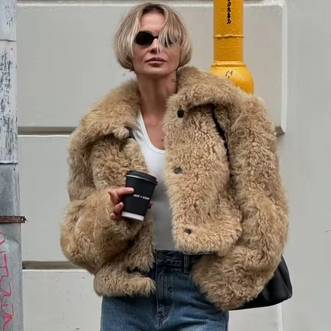 Women Faux Fur Teddy Jacket Warm Curly Plush Short Coat Lapel Button Down Outwear Solid Color Streetwear Outerwear