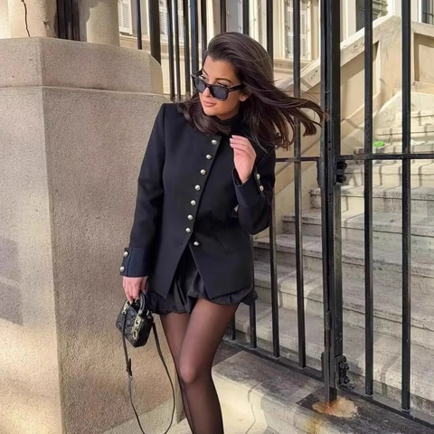 Dames Militaire Stijl Marineblauw Opstaande Kraag Blazer Gouden Knoppen Slim Fit Lange Mouw Jas