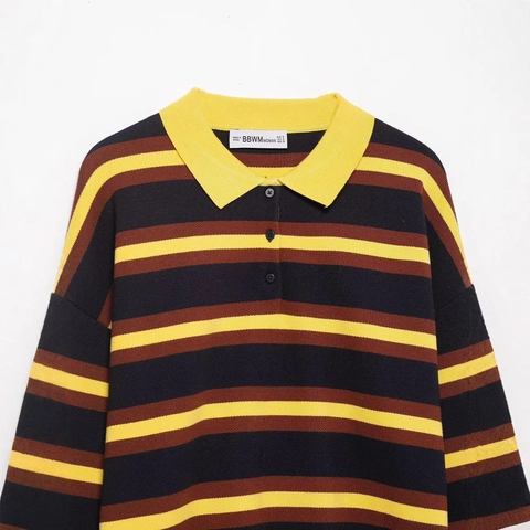 Dames Retro Gestreepte Gebreide Polo Trui Lange Mouw Kleurblok Drie Knopen Casual Pullover Voor Herfst Winter