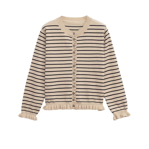 Women Striped Knit Cardigan Round Neck Ruffle Trim Long Sleeve Button Up Sweater Streetwear Fashion Outerwear