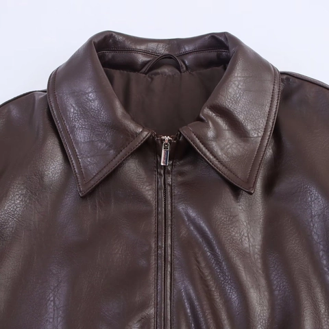 Giacca Biker da Donna in Ecopelle Caffè Vintage Colletto a Bavero Manica Lunga con Cerniera Bomber Giacca Antivento