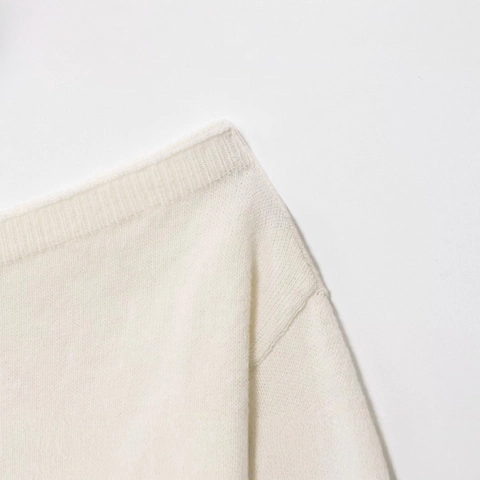 Women Elegant Off-Shoulder Knit Sweater Long Sleeve Lantern Sleeve Ribbed Hem Solid Color Slim Fit Beige Pullover Knitwear Top