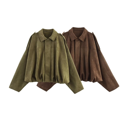 Damen Vintage Wildlederimitat Bomberjacke Locker Fledermausärmel Umlegekragen Schulterklappen Geraffter Saum Pilotmantel Oberbekleidung