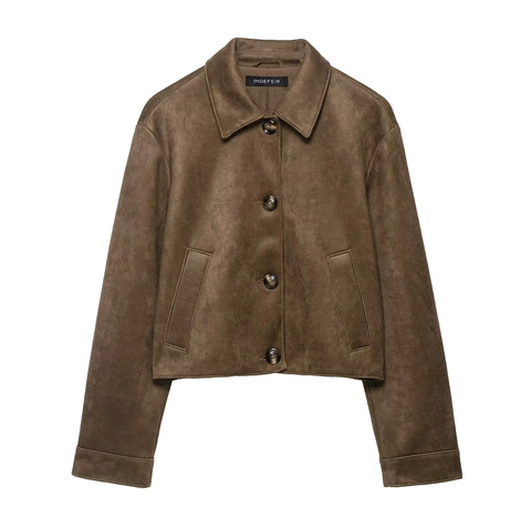 Damen Vintage Wildlederimitat Jacke Mantel Dunkelbraun Einfarbig Revers Einreihig Langarm Casual Outerwear Mode Top