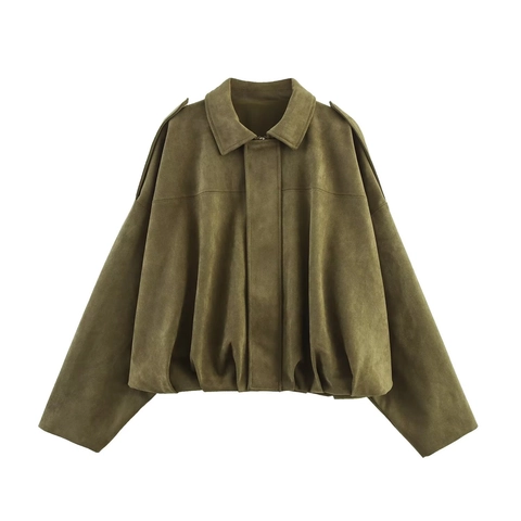 Damen Vintage Wildlederimitat Bomberjacke Locker Fledermausärmel Umlegekragen Schulterklappen Geraffter Saum Pilotmantel Oberbekleidung