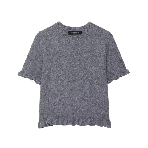 Women Short Sleeve Knit Sweater Ruffle Hem Crew Neck Slim Fit Solid Color Polyester Knitwear Gray Casual Top