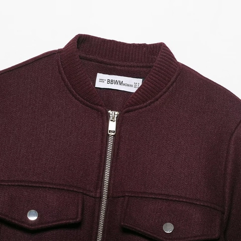 Dames Casual Wijnrood Kort Bomberjack Wollook Polyester Rits Bovenkleding Met Klepzakken Voor Herfst Winter