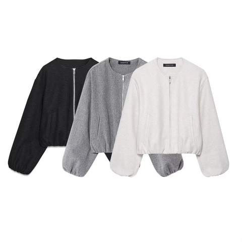 Veste Bomber en Lainage Femme Col Rond Fermeture Éclair Manches Lanterne Couleur Unie Chaud Manteau Court Élégant Décontracté