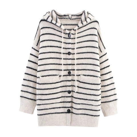 Gilet En Maille À Capuche Rayé Décontracté Pour Femme Cardigan Ample À Boutons Poches À Cordon Manteau Chaud À Manches Longues
