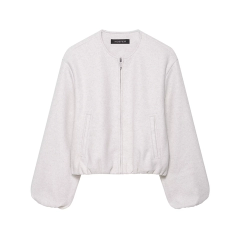 Veste Bomber en Lainage Femme Col Rond Fermeture Éclair Manches Lanterne Couleur Unie Chaud Manteau Court Élégant Décontracté