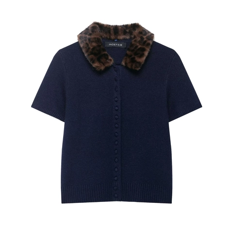 Women's Short Sleeve Knitted Cardigan With Leopard Print Faux Fur Collar Navy Blue V Neck Single Breasted Sweater Top