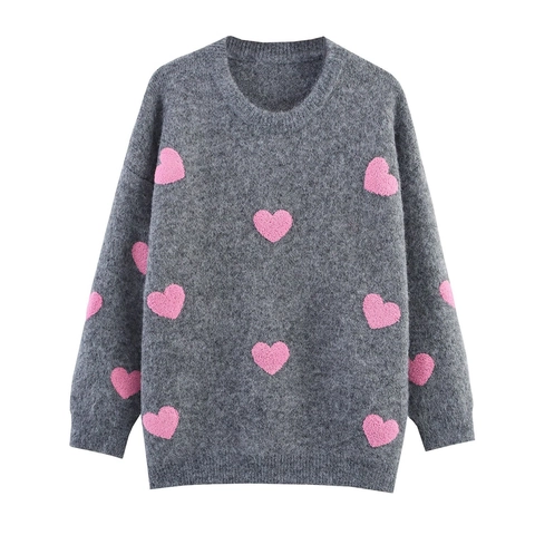 Suéter de Punto con Estampado de Corazón para Mujer Cuello Redondo Oversize Manga Larga Pullover Suave Peluche