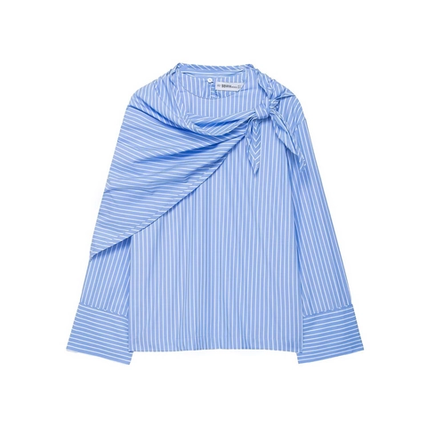 Blusa de Manga Larga a Rayas con Lazo Asimétrico para Mujer Informal Azul Blanco Poliéster Camisa Suelta Top Drapeado