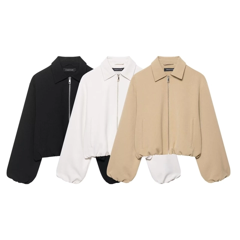 Fashion Women Short Zipper Puffer Jacket Solid Color Loose Fit Lapel Long Sleeve Casual Coat Outerwear
