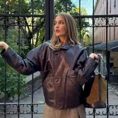 Chaqueta de Cuero Sintético PU Vintage para Mujer Oversized Efecto Desgastado Solapa Manga Larga Botones Ropa Casual Streetwear